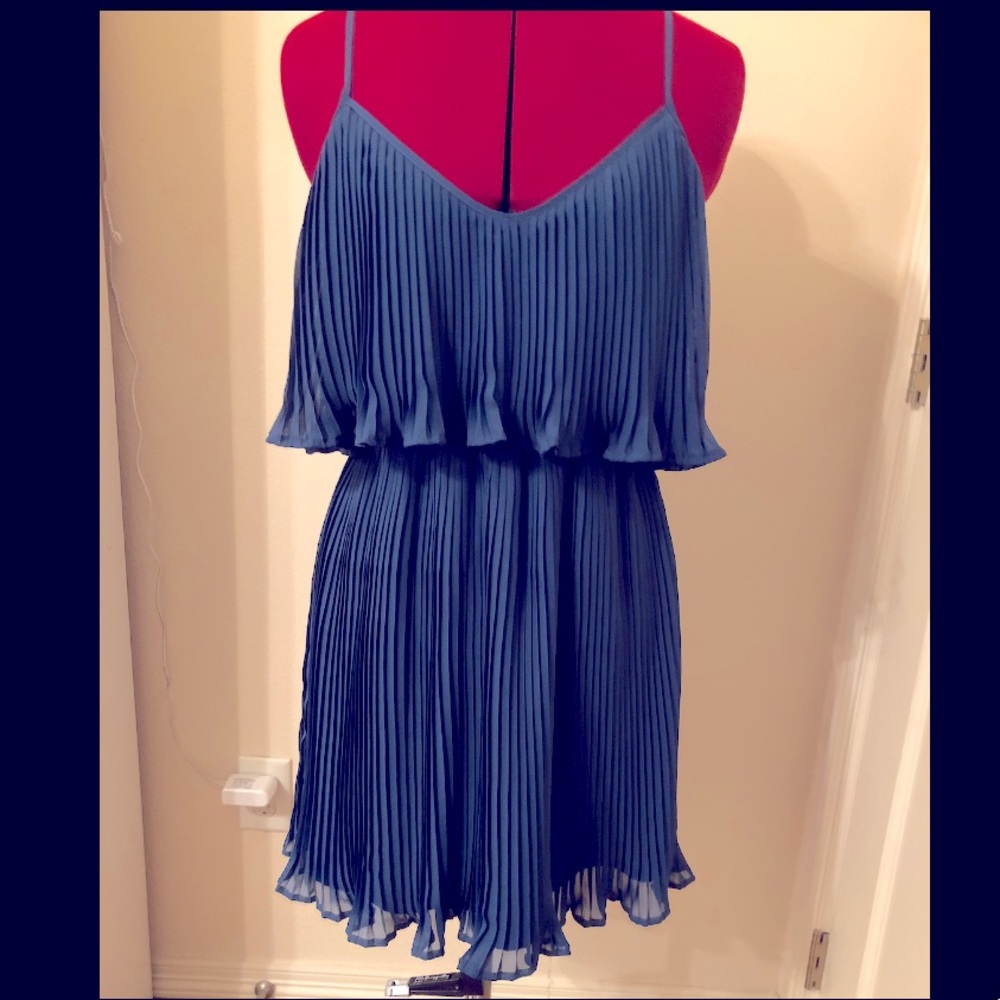 Central Park West teal pleated double layer dress